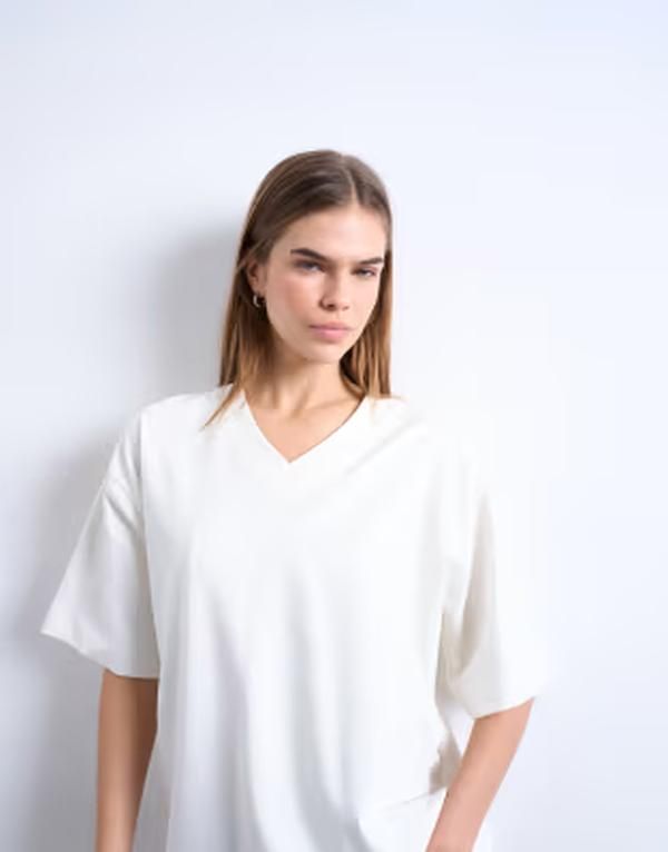 トップショップ レディース トップス Tシャツ Vネック Topshop vneck premium interlock tee in ecru エクリュ
