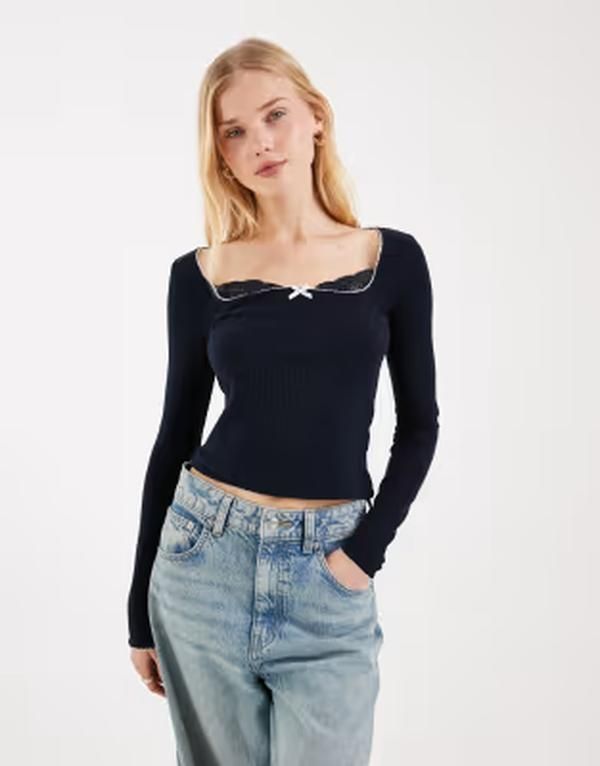 ミスセルフフリッジ レディース トップス シャツ リブニット レース ニット Misselfridge long sleeve rib knitop with lace detailing NAVY ネイビー
