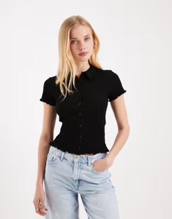 ミスセルフフリッジ レディース トップス シャツ Misselfridge fitted shirt with lettucedges Black ブラック