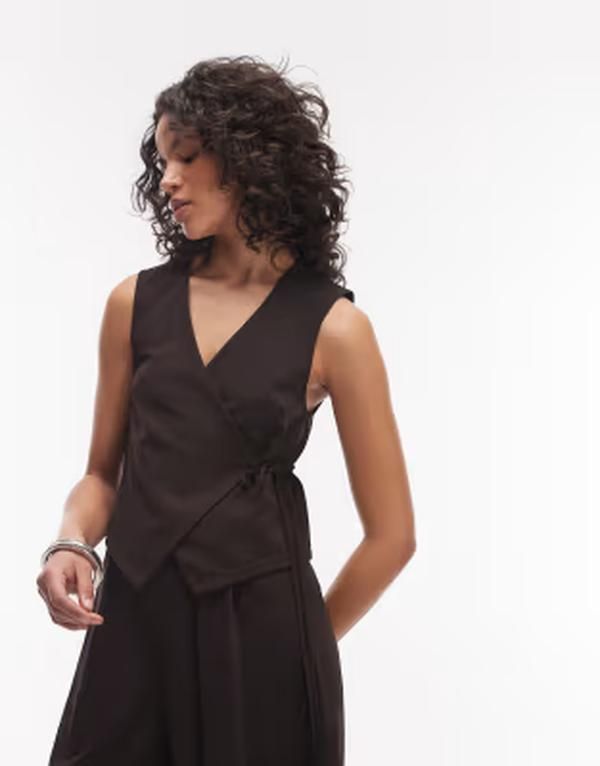 エイソス レディース トップス Tシャツ ベスト ASOS DESIGN slinky twill tailored tie side vest in chocolate part of a set Chocolate チョコレート