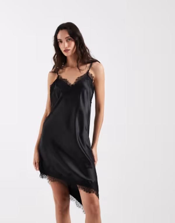 オンリー レディース トップス ワンピース アシンメトリー ミニ サテン レース ONLY lace detail asymmetric satin mini dress Black ブラック