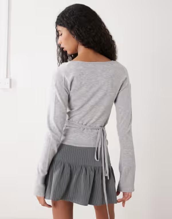 モンキ レディース アウター カーディガン Monki long sleeve wrap cardigan Gray グレー