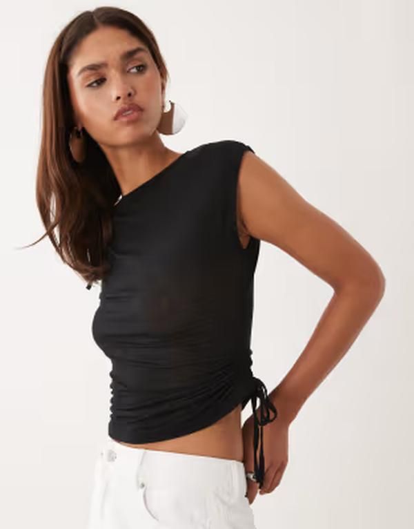 エイソス レディース トップス Tシャツ シアー ASOS DESIGN short sleeve sheer top with ruching Black ブラック 8,865円