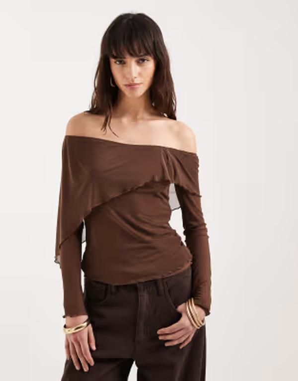 モーテル レディース トップス シャツ アシンメトリー メッシュ Motel Haze off the shoulder asymmetric mesh long sleeve top BROWN ブラウン