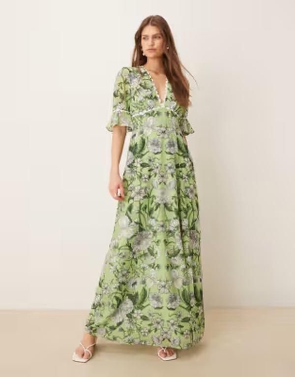 ホープ＆アイビー レディース トップス ワンピース オープンバック フラワー柄 マキシ フラワー Hope Ivy frill sleeve thigh split open back maxi dress floral Green multi グリーン