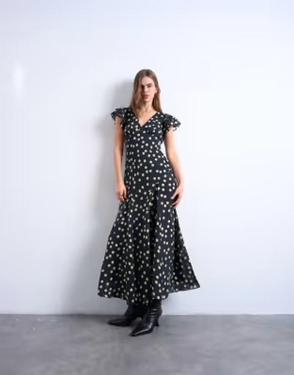 トップショップ レディース トップス ワンピース Vネック ミディ Topshop flutter sleeve v neck midi dress in mono spot Mono spot