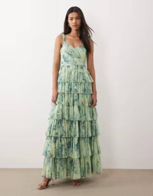 レース アンド ビーズ レディース トップス ワンピース チュール プリント マキシ Lace Beads Bridesmaid bow shoulders tulle maxi dress in sage green print Sage Print Gre