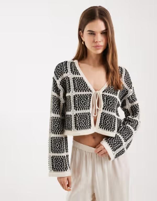 オンリー レディース アウター カーディガン ニット ONLY crochet knitie front cardigand white plaid Birch ホワイト