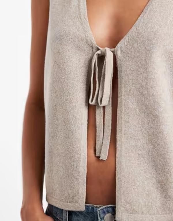 ピーシーズ レディース トップス ベスト ノースリーブ ニット Pieces tie front sleeveless knitop in heathered Pottery ベージュ
