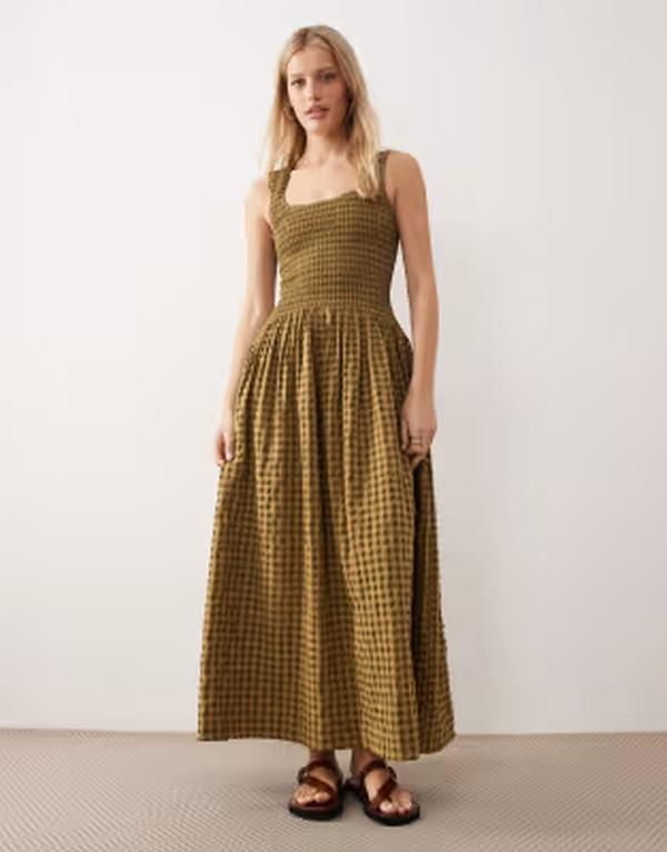 エイソス レディース トップス ワンピース ギンガムチェック ギンガム ASOS DESIGN crinkle scoop neck midaxi sundress with shirred waist in tonal olive gingham Tonal