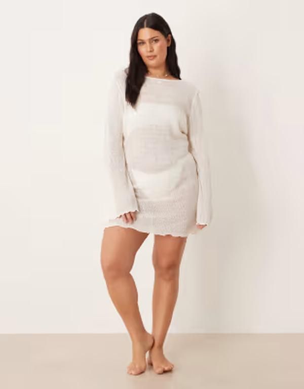 エイソス レディース トップス ワンピース ミニット ASOS Curve ASOS DESIGN Curve beach knit boucle scoop back mini dress in cream クリーム