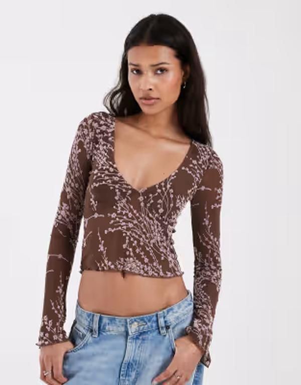 モーテル レディース トップス シャツ Motel Yamuna long sleeve moonlit blossom scoop neck top BROWN ブラウン