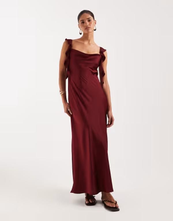 ヴィラ レディース トップス ワンピース サテン マキシ VILA cowl neck satin maxi dress with draping frill straps in cabernet レッド