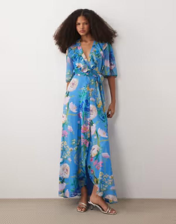 ホープ＆アイビー レディース トップス ワンピース フラワー柄 マキシ フラワー Hope Ivy flutter sleeve maxi wrap dress with tie waist floral Blue floral ブルー