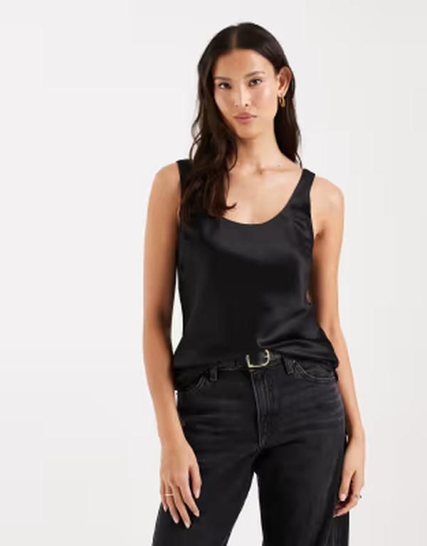 エイソス レディース トップス シャツ サテン ASOS DESIGN scoop neck satin cami Black ブラック