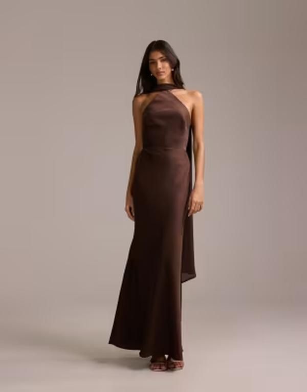 エイソス レディース トップス ワンピース サテン マキシ ホルター ASOS DESIGN bridesmaids halter neck satin maxi dress with scarf detail in chocolate チョコレート