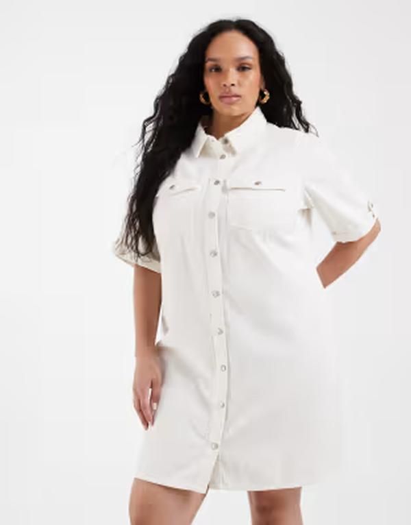 ヴェロモーダ レディース トップス ワンピース ミニ デニム Vero Moda Curve short sleeve button front denimini dress in cream Cloudancer クリーム