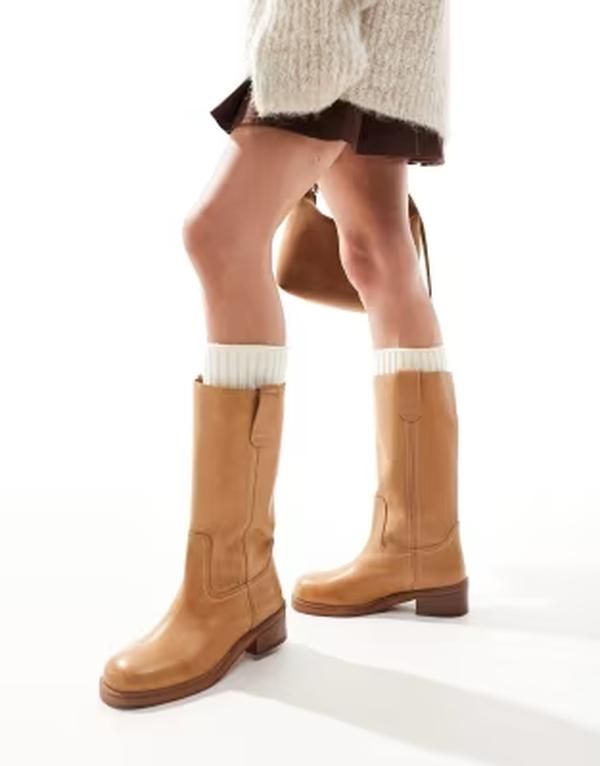 エイソス レディース シューズ ブーツ・レインブーツ レザー ASOS DESIGN Cindy leather pullon boots in camel キャメル