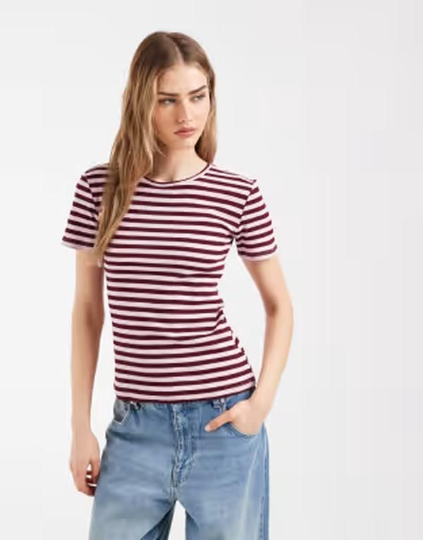 ピーシーズ レディース トップス Tシャツ リブ PIECEShort sleeve ribbed Tshirt and burgundy stripe Roseate spoonbill バーガンディ