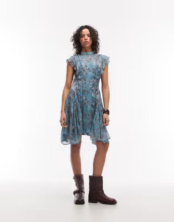 オールセインツ レディース トップス ワンピース フラワー柄 フリル ミニ フラワー AllSaints fleur floral ruffled mini dress in lake vine lake blue ブルー