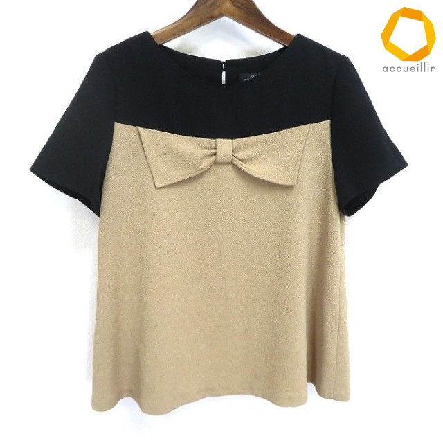 #s 詩仙堂 TOMO Collection シセンドウ カットソー 黒 ベージュ 半袖 ブラウス ちりめん 縮緬 りぼん 配色 日本製 [1014564] k01