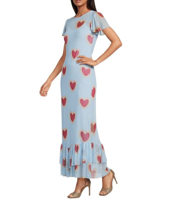 ネバーフリードレスド レディース トップス ワンピース プリント フリル メッシュ マキシ Never Fully Dressed Katie Heart Print Crew Neckline Short Sleeve Mesh Ruffle Tier Ma
