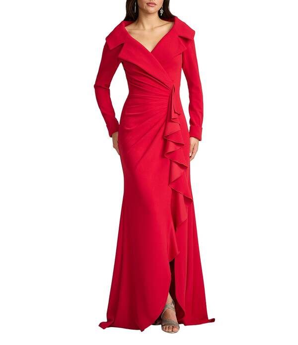 タダシショージ レディース トップス ワンピース クレープ Tadashi Shoji Textured Crepe Long Sleeve Portrait Collar Long Sheath Gown Red Rock レッド