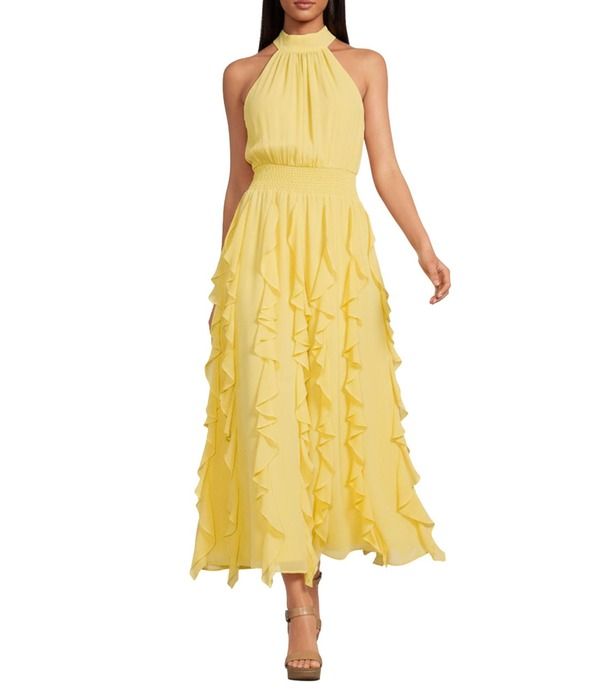 ワンステート レディース トップス ワンピース フリル ノースリーブ マキシ ホルター 1 STATE Halter Neck Sleeveless Ruffle Maxi Dressnap Dragon
