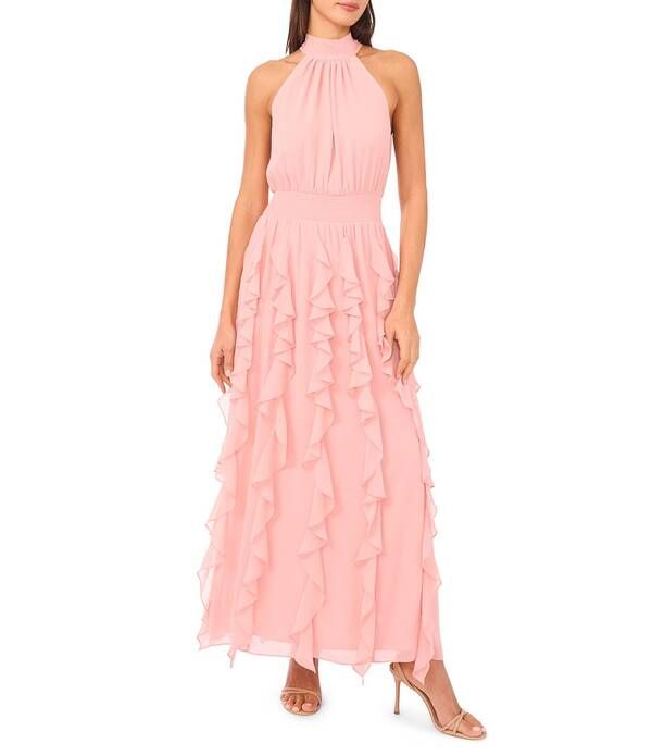 ワンステート レディース トップス ワンピース フリル ノースリーブ マキシ ホルター 1 STATE Halter Neck Sleeveless Ruffle Maxi Dress Pale Blush ブラッシュ