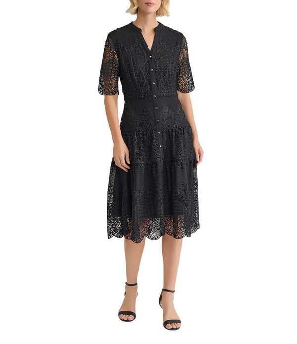 ミソック レディース トップス ワンピース Vネック ティアード ミディ レース MISOOK Lace Split VNeck Short Sleeve Tiered Scallop Trimidi Dress Black ブラック