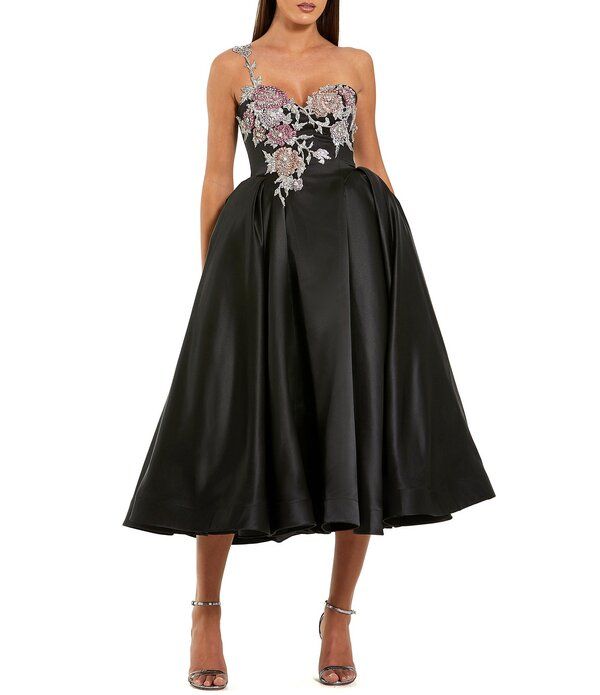 マックダガル レディース トップス ワンピース A ライン ミディ サテン Mac Duggal One Shoulder Satin Beaded Flowers ALine Midi Dress Black Multi ブラック