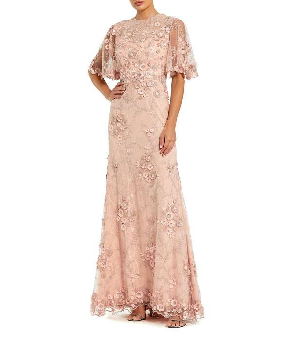 マックダガル レディース トップス ワンピース フラワー柄 プチ レース フラワー Mac Duggal Petite Size Flutter Sleeve 3D Floral Applique Lace Gown Rose