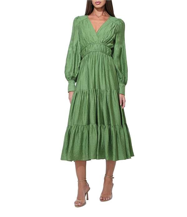 アドレイン ラエ レディース トップス ワンピース Vネック バルーンスリーブ ミディ Adelyn Rae Zinnia Woven VNeck Long Balloon Sleeve Flounce Midi Dress Olive オリーブ
