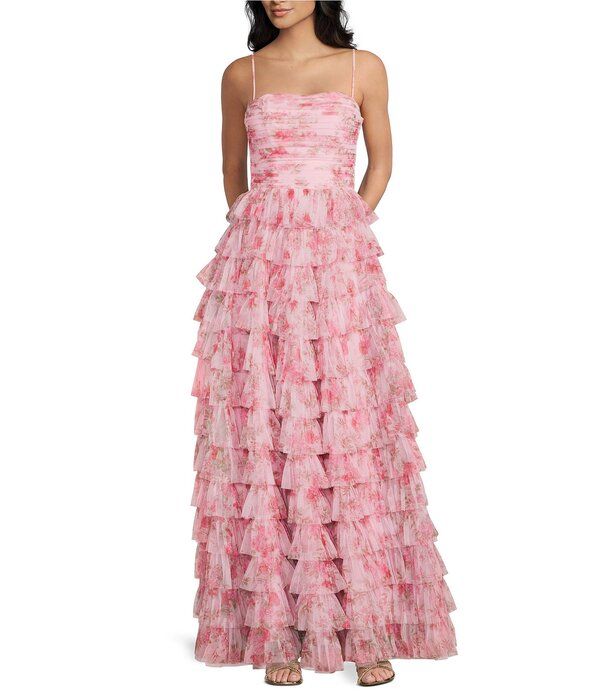 ビーダーリン レディース トップス ワンピース ティアード フラワー柄 プリント フリル メッシュ フラワー B Darlin Floral Printed Mesh Ruffle Tieredress Pink ピンク