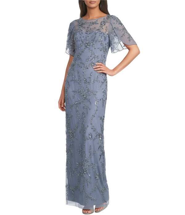 アドリアナ パペル レディース トップス ワンピース メッシュ Adrianna Papell Beaded Mesh Tulip Sleeve Boat Neck Column Longown Cool Wisteria