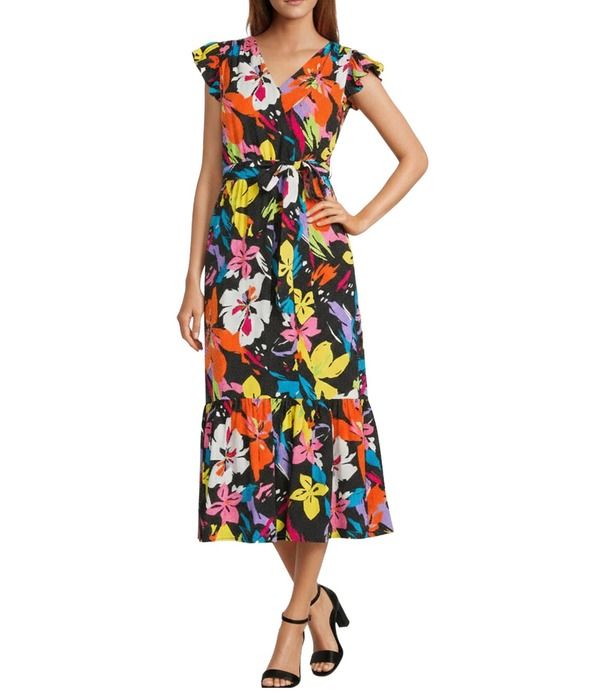 サムエデルマン レディース トップス ワンピース フラワー柄 シャツ マキシ フラワー Sam Edelman Woven Flutter Sleeve VNeckline Tie Sash Floral Maxi Shirt Dress Black Mult