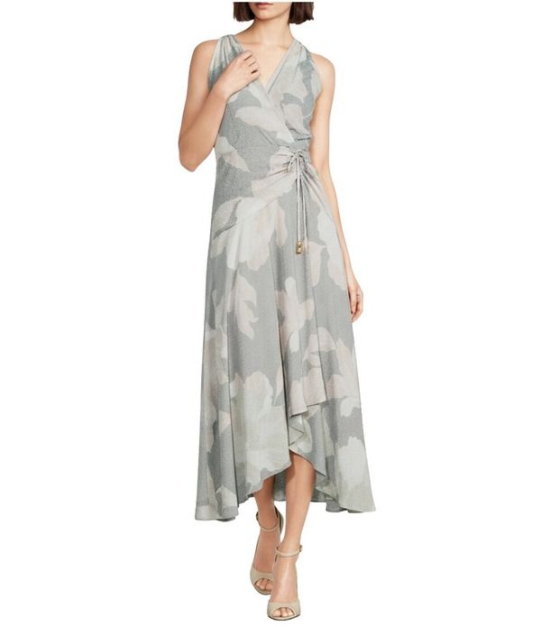 ダナキャラン レディース トップス ワンピース Vネック シフォン フラワー柄 プリント ミディ ノースリーブ フラワー Donna Karan Floral Print Chiffon VNeck Sleeveless Tie Front Midi Dres