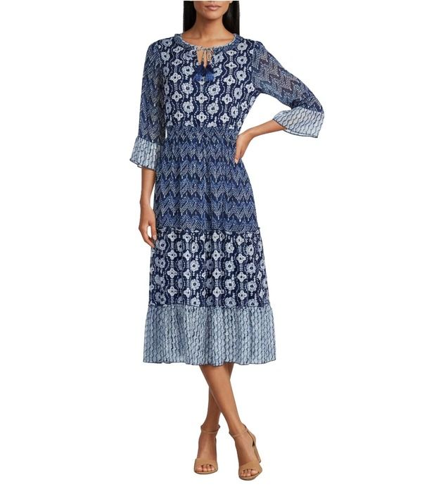 ジョン マーク レディース トップス ワンピース ティアード A ライン プリント ミディ John Mark Mixed Print Scoop Neck 34 Flounce Sleeve Tiered ALine Midi Dress Blue Prin