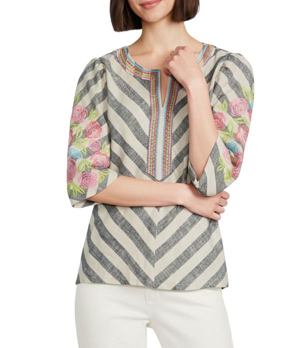 ジョン マーク レディース トップス シャツ フラワー柄 刺繍 フラワー John Mark Stripe Floral Embroidered 34 Bubble Sleeve Split Round Neck Tunic Blue Stripe ブルー
