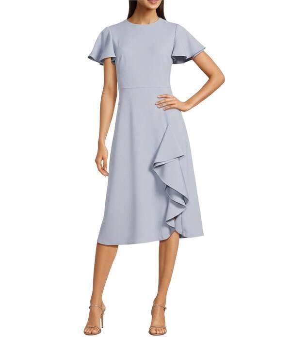 カルバンクライン レディース トップス ワンピース クレープ ミディ スキューバ Calvin Klein Scuba Crepe Round Neck Short Flutter Sleeve Midi Dresslate スレート