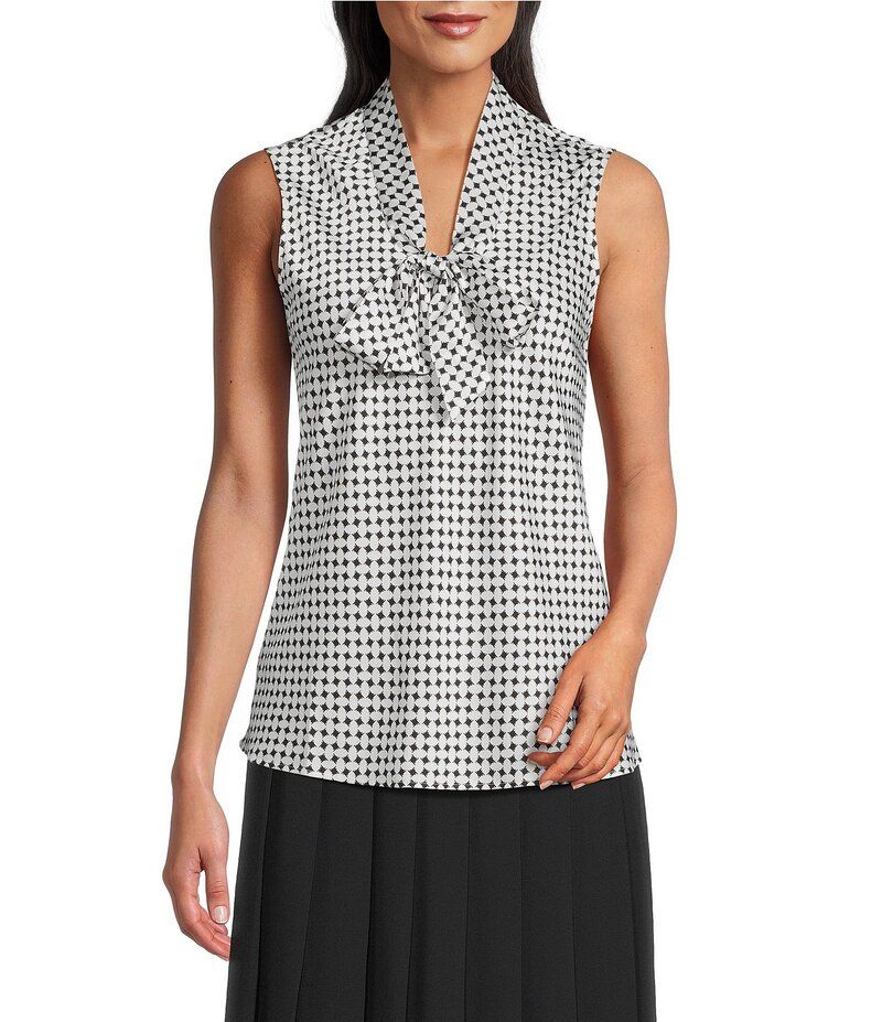 カスパール レディース トップス シャツ プリント サテン ノースリーブ ブラウス Kasper Printed Satin Bias Tie Neck Sleeveless Blouse Vanilla IceBlack ブラック
