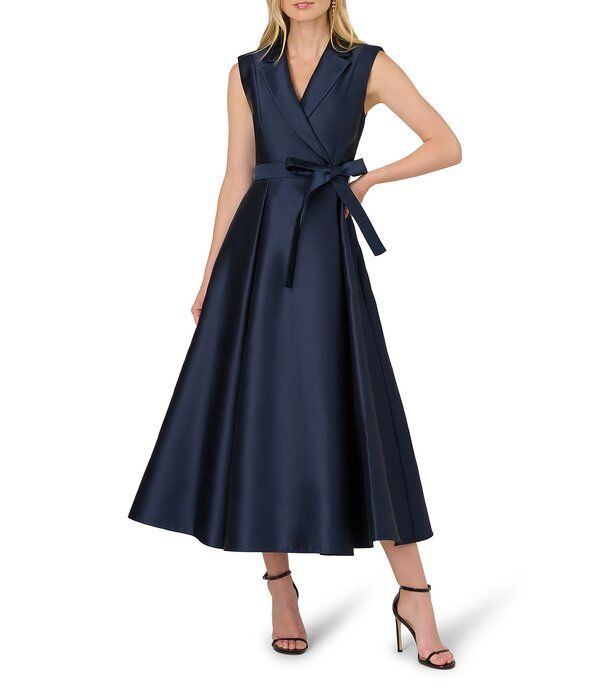 アドリアナ パペル レディース トップス ワンピース プチ ミディ ノースリーブ Adrianna Papell Petite Size Lapel Collar Mikado Sleeveless Tie Front Fit And Flare Midi D
