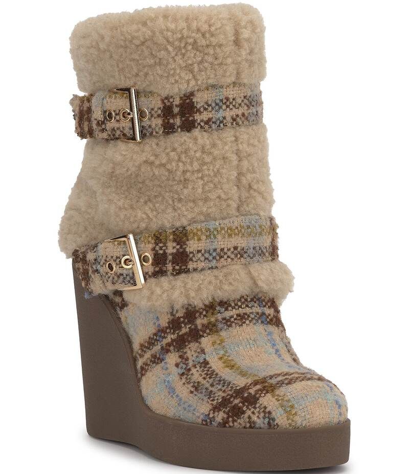 ジェシカシンプソン レディース シューズ ブーツ・レインブーツ Jessica Simpson Meztyn Plaid Shearling Wedge Booties Maple Brown ブラウン
