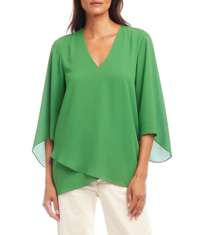 カレンケーン レディース トップス シャツ Vネック クレープ アシンメトリー シルク Karen Kane Silky Crepe VNeck 34 Flare Sleeve Asymmetric Crossover Hem Top Green グリーン