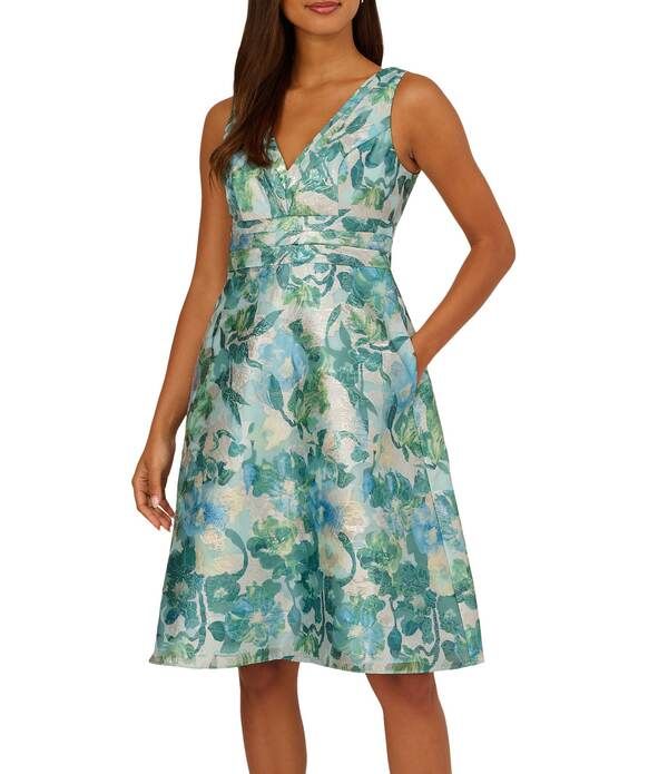 アドリアナ パペル レディース トップス ワンピース Vネック A ライン フラワー柄 プリント ノースリーブ フラワー Adrianna Papell Jacquard Floral Print V Neck Sleeveless A Line Dress