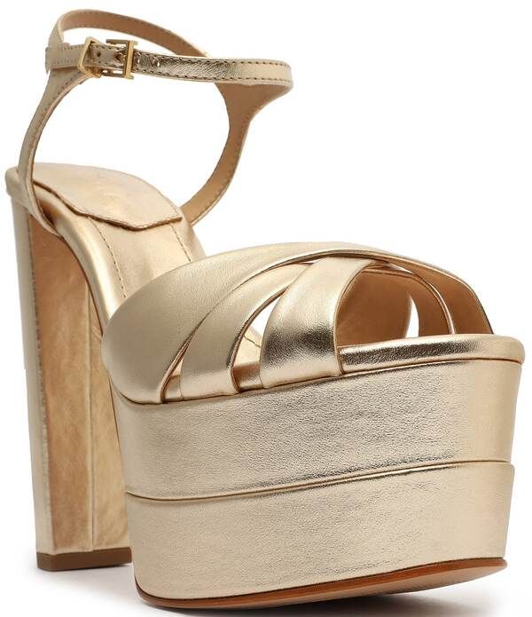 シュッツ レディース シューズ サンダル プラットフォーム トール レザー ヒール Schutz Keefa High Metallic Leather Platform Block Heel Dressandals Platino メタリック