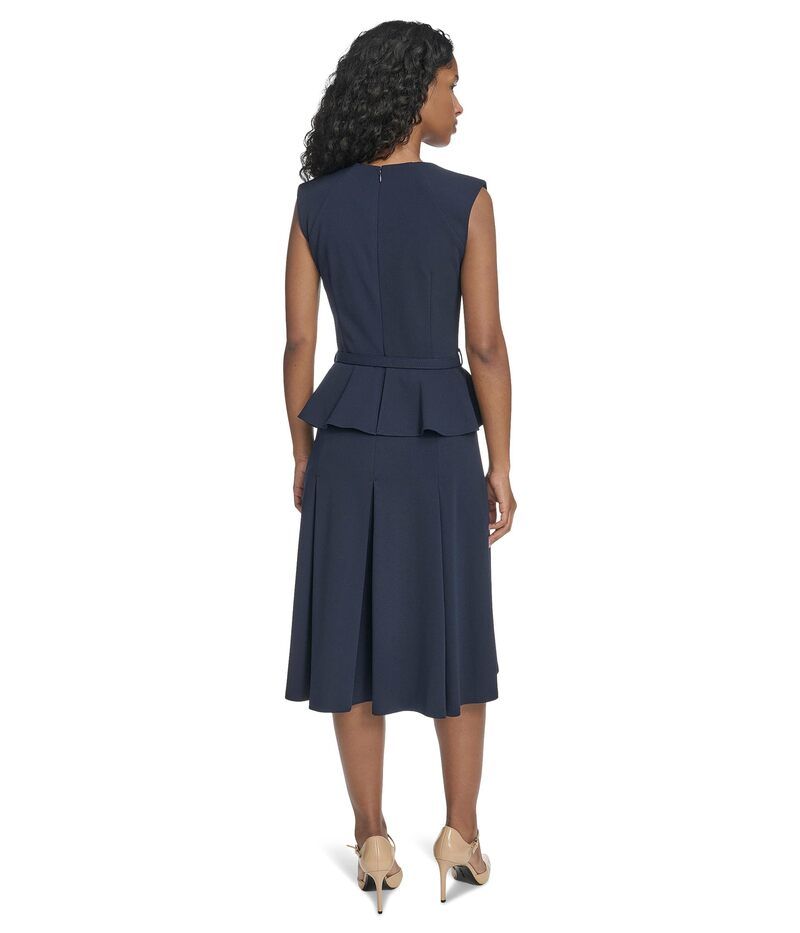 カルバンクライン レディース トップス ワンピース クレープ A ライン スキューバ Calvin Klein Short Sleeve Scuba Crepe Belted Peplum Aline Indigo インディゴ