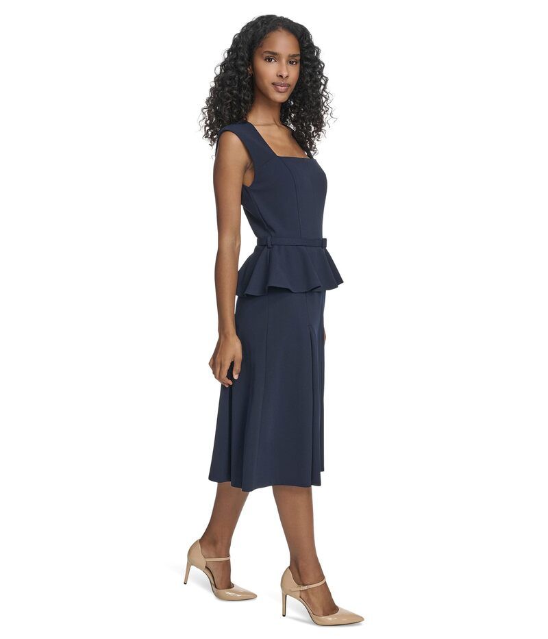 カルバンクライン レディース トップス ワンピース クレープ A ライン スキューバ Calvin Klein Short Sleeve Scuba Crepe Belted Peplum Aline Indigo インディゴ