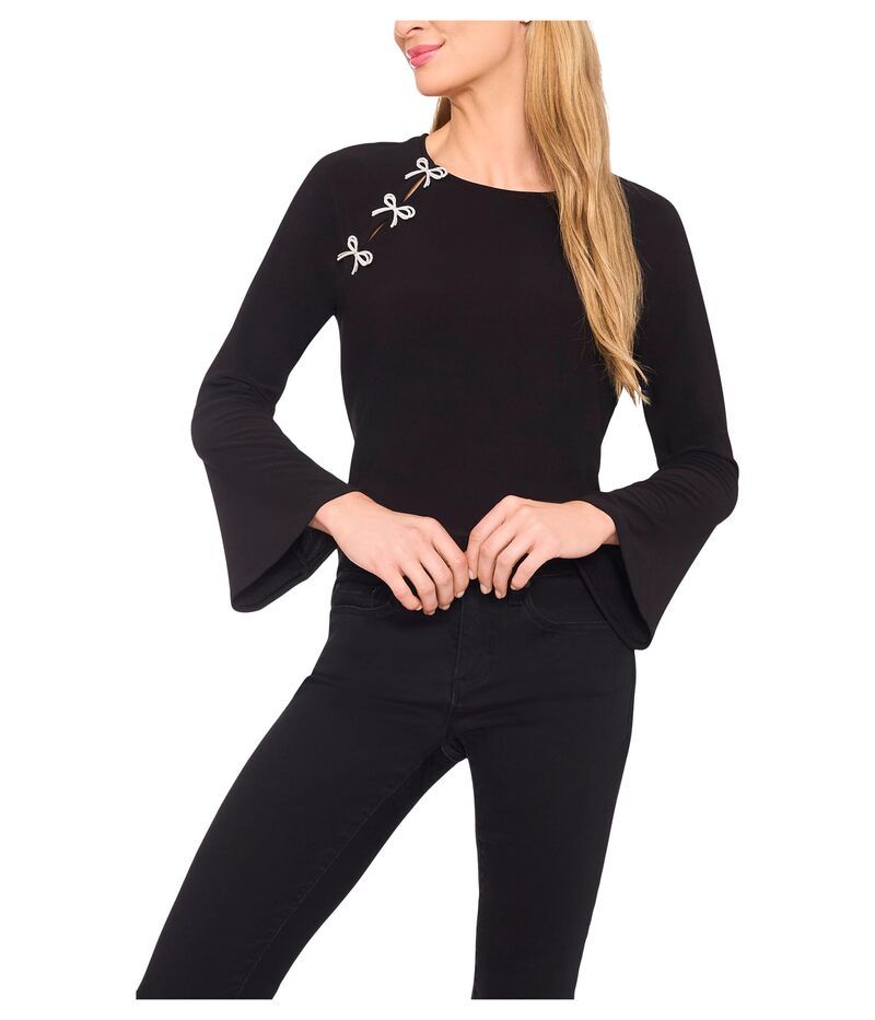 セセ レディース トップス シャツ ニット CeCe Pearl Bow Applique Long Sleeve Knit Top Rich Black ブラック