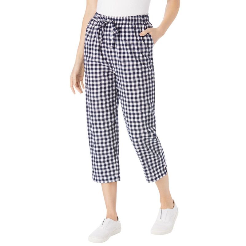 ウーマン ウィズイン レディース ボトムス カジュアルパンツ プラスサイズ プチ キャップ Woman Within Plusize Petite Seersucker PullOn ElasticWaist Capri Pants Navy Gingham